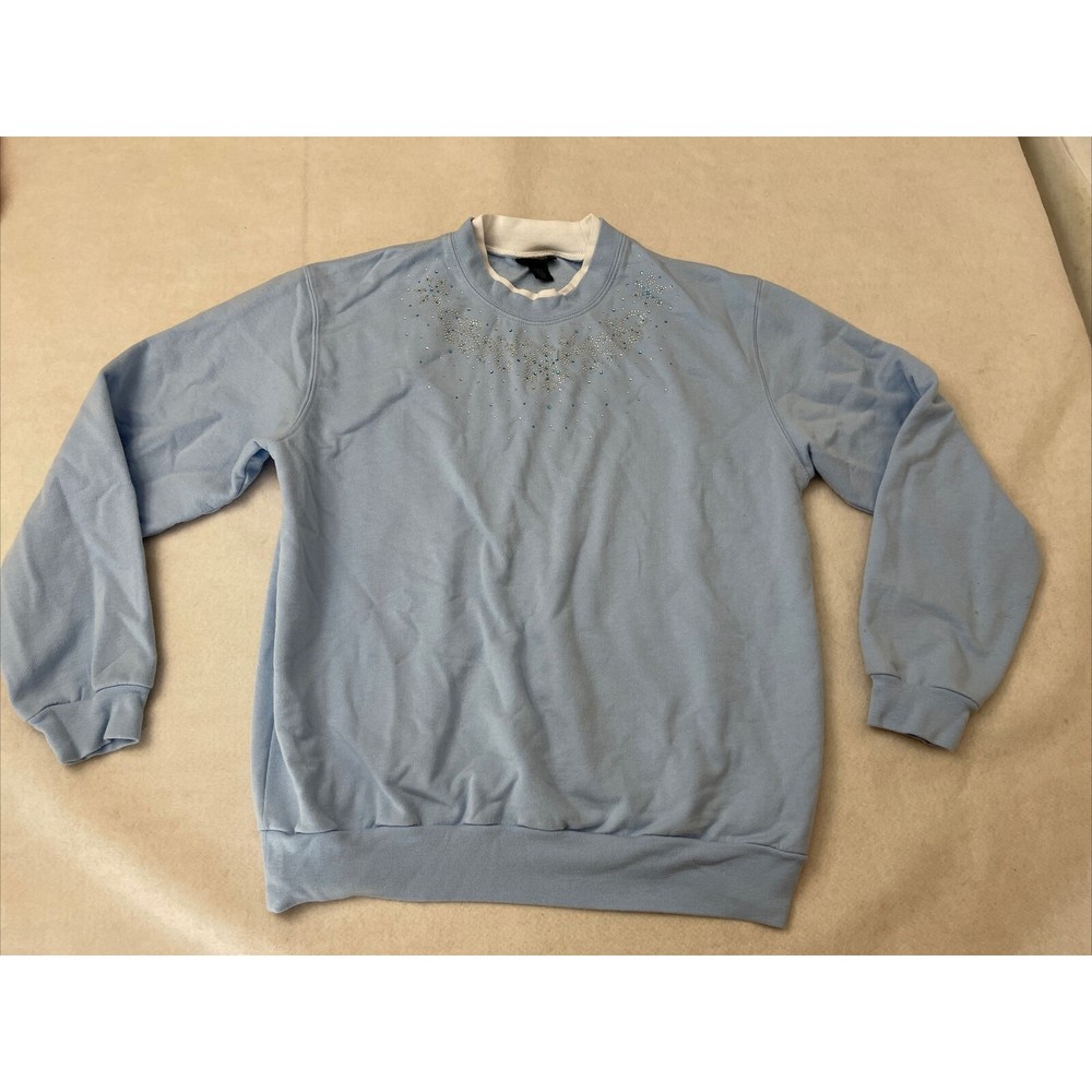 Trilllogy Womens Sweatshirt Sz L Blue Collarless Long Sleeves Snowflake Sequins